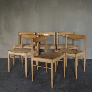 Set of 6 oak and cord diningchairs by Henry W. Klein, 1960