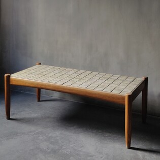Beige and brown tiled teak coffeetable