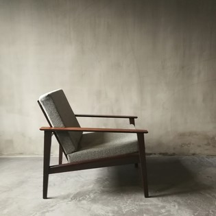 Lounge chair with grey green woolen cushions, 1950