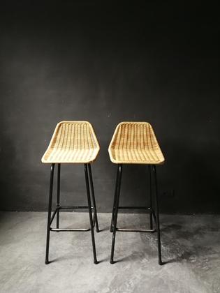 Pair of rattan and black metal stools by van Sliedrecht