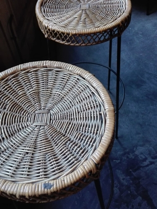 Pair of rotan and black metal barstools, French