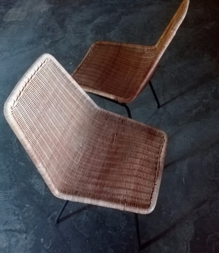 Paire of Dirk Van Sliedrecht rotan chairs, black metal feet