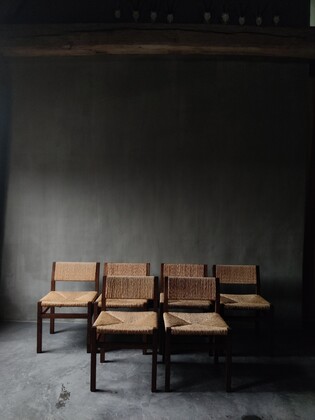 Set of 6 wenge and straw dining chairs by Martin Visser and Walter Antonis, 70s